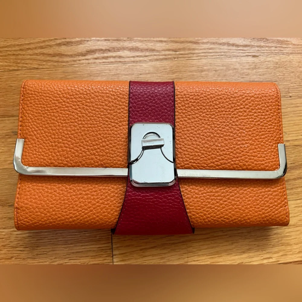 Orange and Red Leather Clutch with Silver Accent